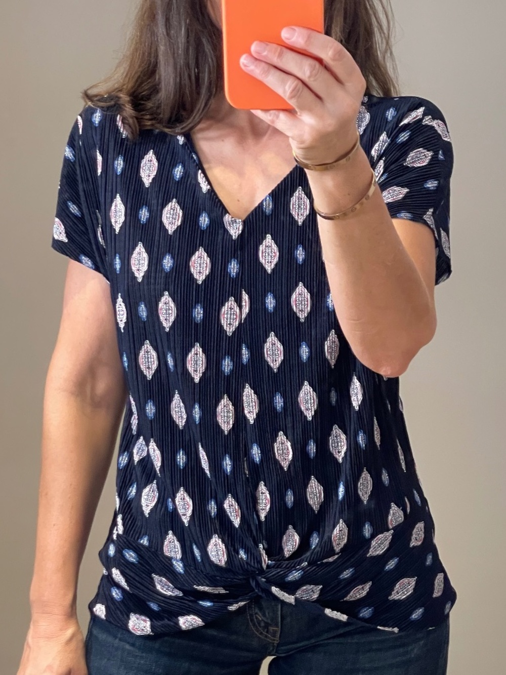 dana buchman top pleated navy and print